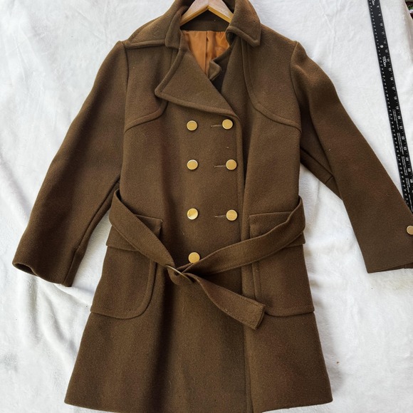 Vintage Wool Peacoat Womens Medium Double Breasted Belted Gold Buttons 70s - Picture 1 of 11